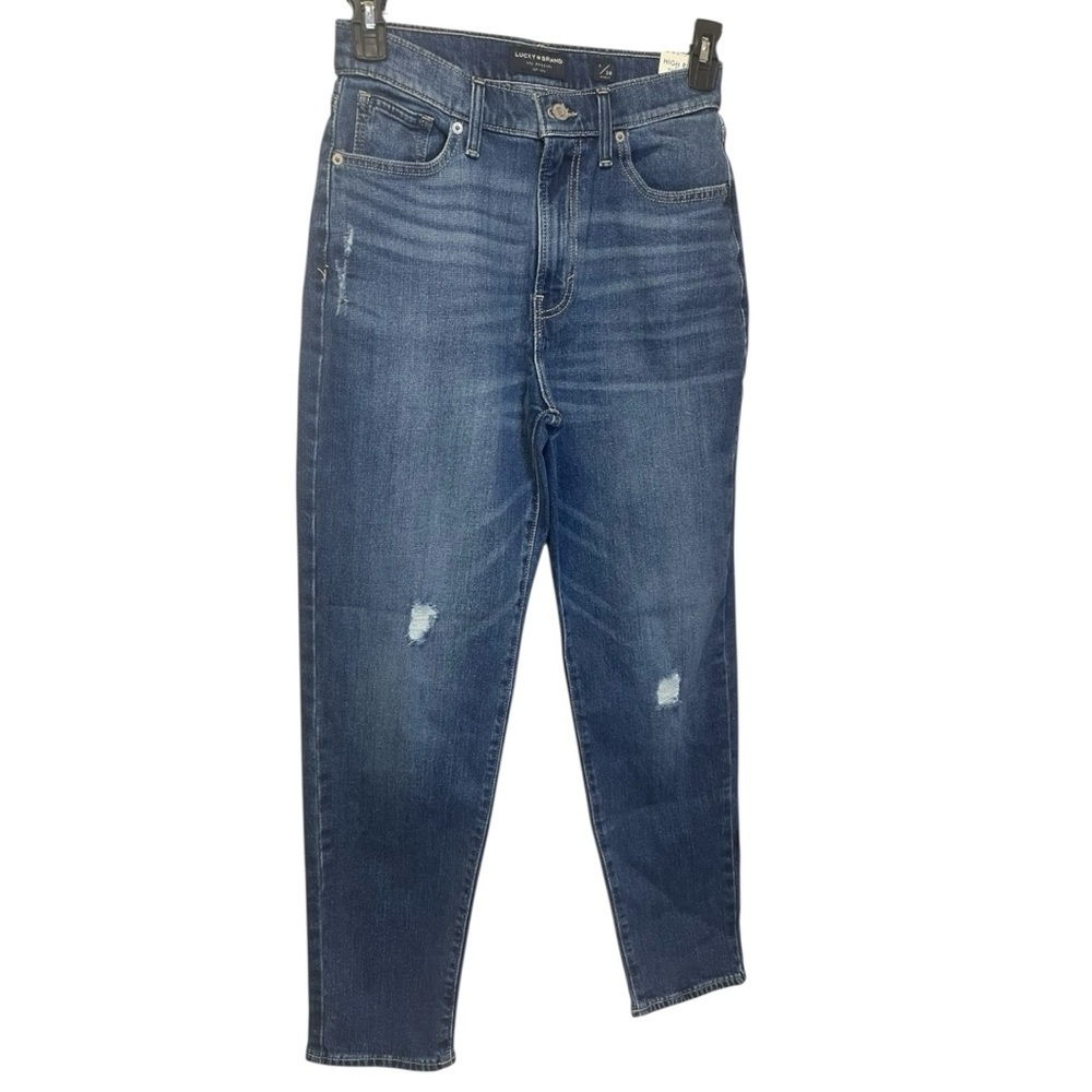 Lucky Brand Blue High Rise Tapered Leg Distressed Knee Mom Jeans 28 x 28 NWT